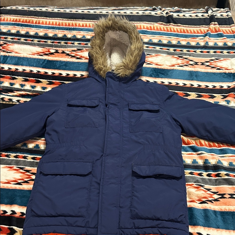 Place Men's Navy Puffer Jacket with Fur Trim